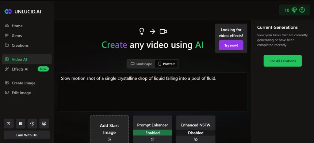 unlucid ai video generation page