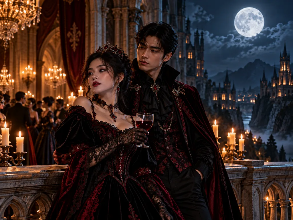 gothic couple posing under full moon