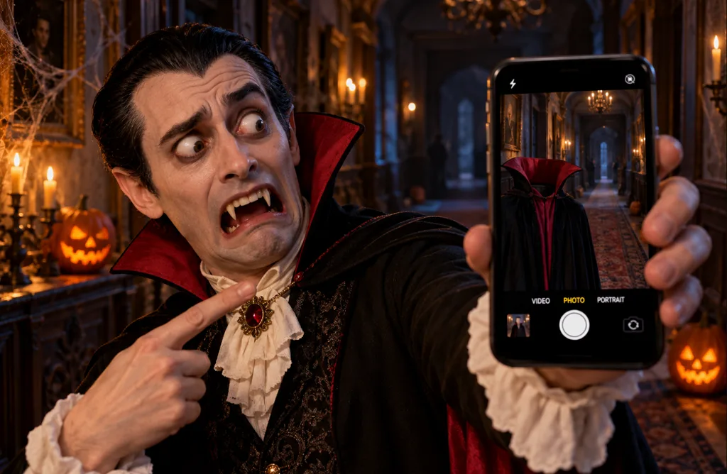 confused vampire taking phone selfie