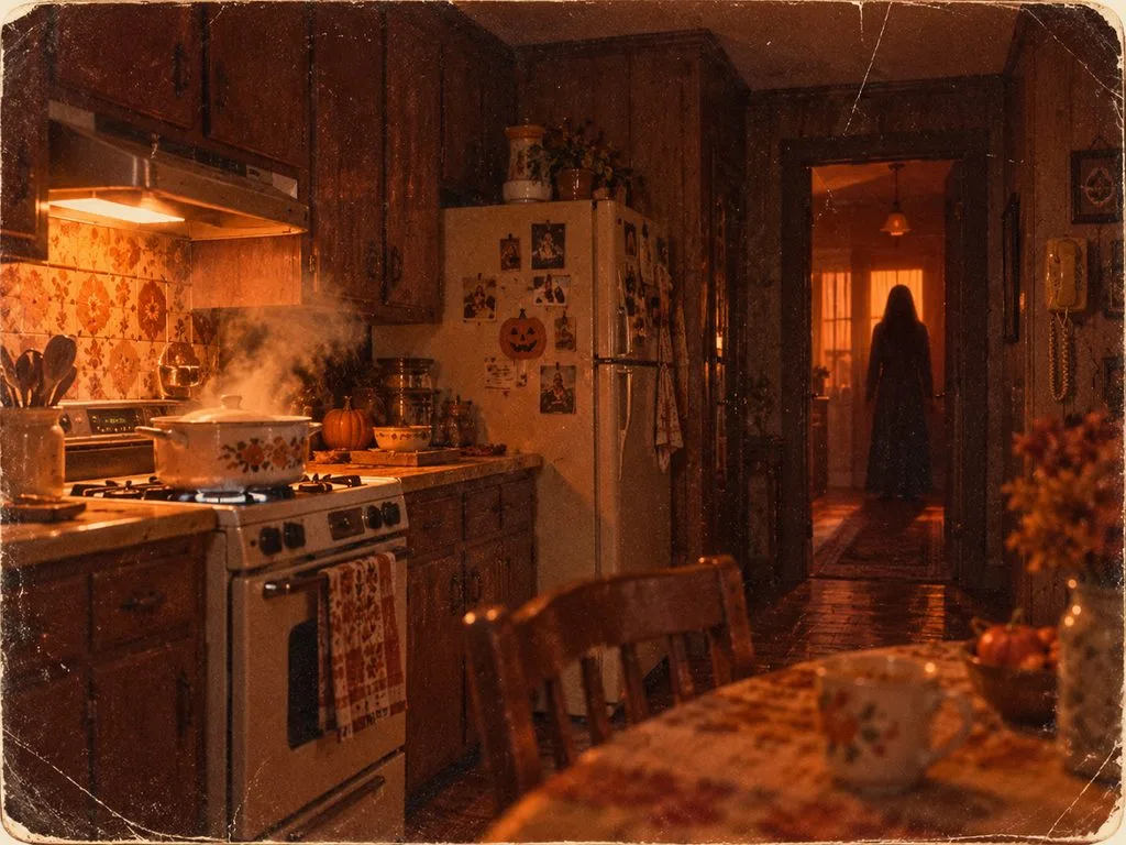 mysterious figure inside retro kitchen