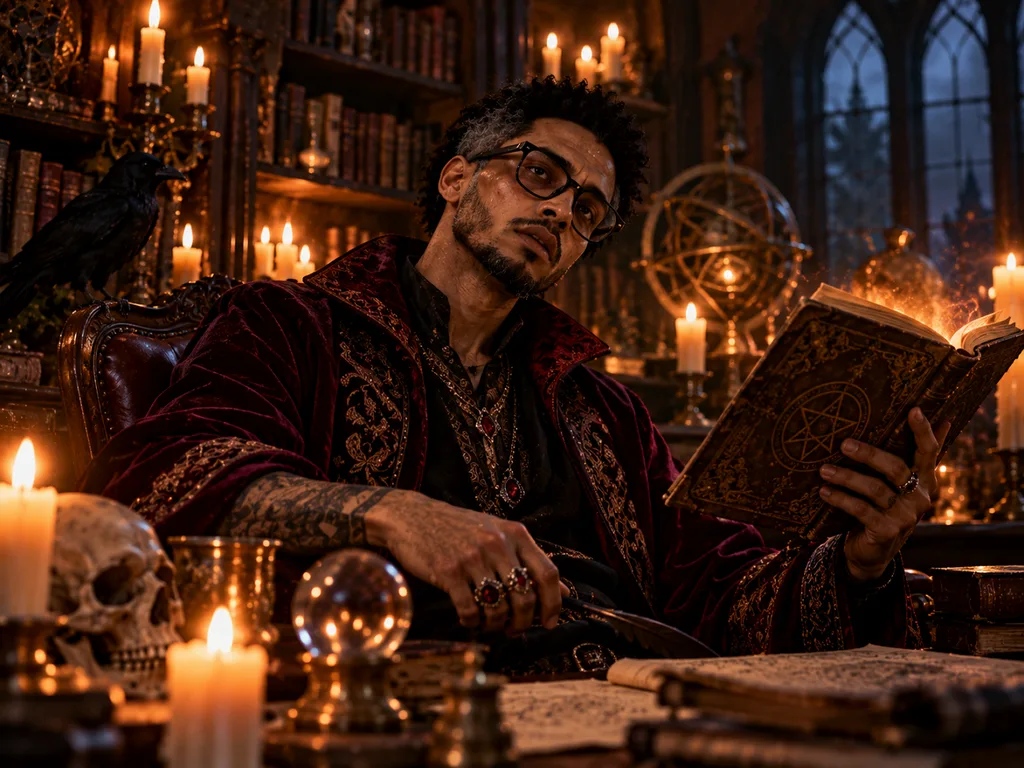 mysterious wizard reading ancient spellbook