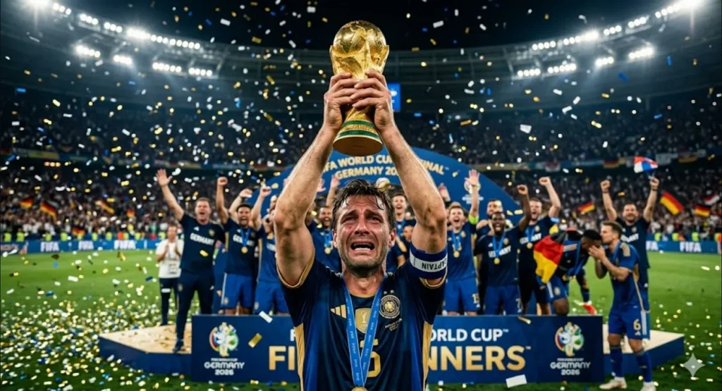 Kapitän mit Pokal in der Hand