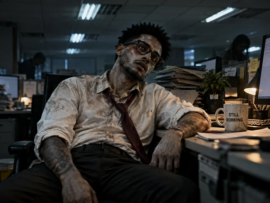 tired zombie sitting inside office cubicle